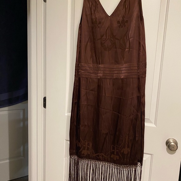 Zara Collection Embroidered Fringe Midi Dress Size L Brown - Picture 6 of 7